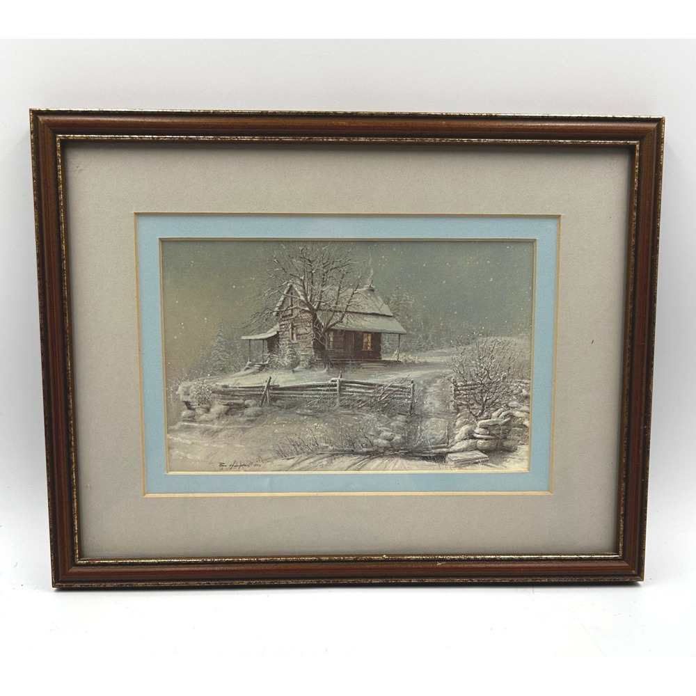 Ben Hampton Art Print Winter Cabin Landscape 1975 Framed Matted 10.75 W x 8.25 T